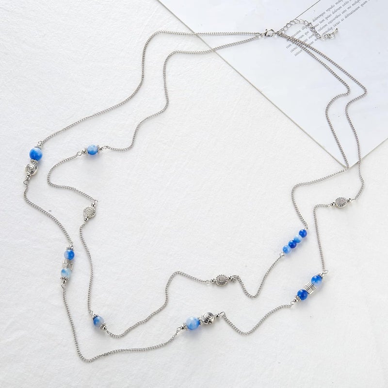 BULINLIN Layered Silver Long Necklace for Women Turquoise Stone Beaded Strand Sweater Chain Necklaces Fashion Costume Jewelry Gifts for Mom - Image 2